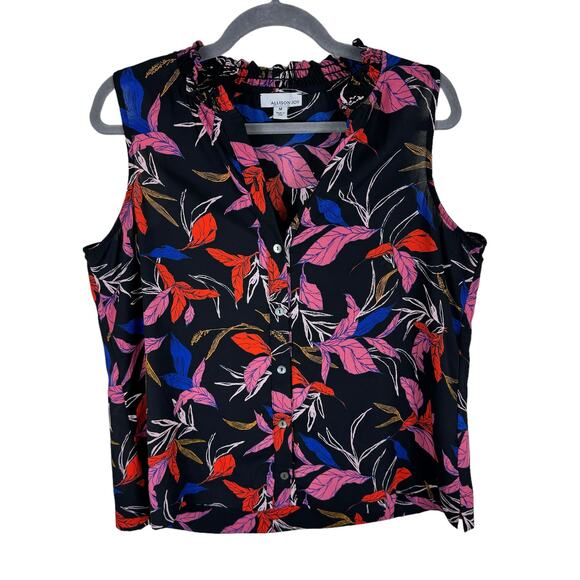 Allison Joy Black Floral Sleeveless Button Up Split Neck Semi-Sheer Blouse Sz M - Picture 1 of 6